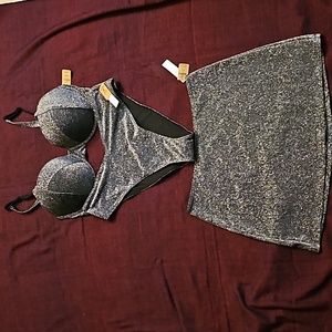 Three Piece Victoria’s Secret Black Shimmer Skirt High Waist Push Up Bikini
